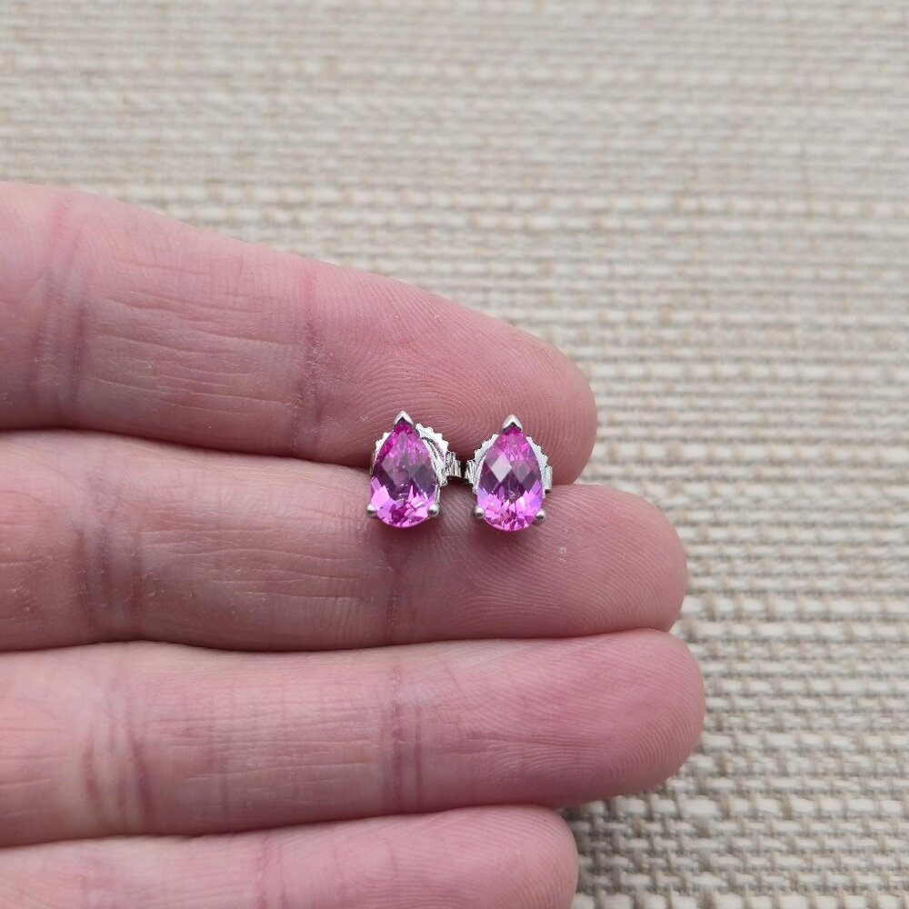 Sterling Silver Pear Pink Sapphire Gem Stud Earrings A4154